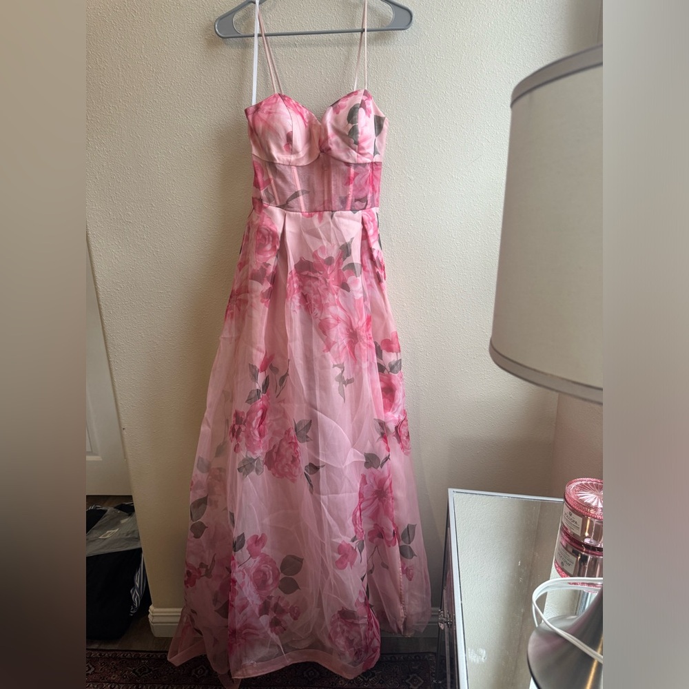 Floral Pink Strapless Gown